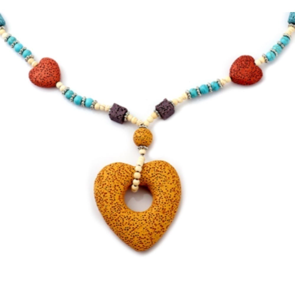 Multi Color Lava & White Blue Howlite Beaded Necklace Heart Charm 28” Silvertone - Picture 4 of 7